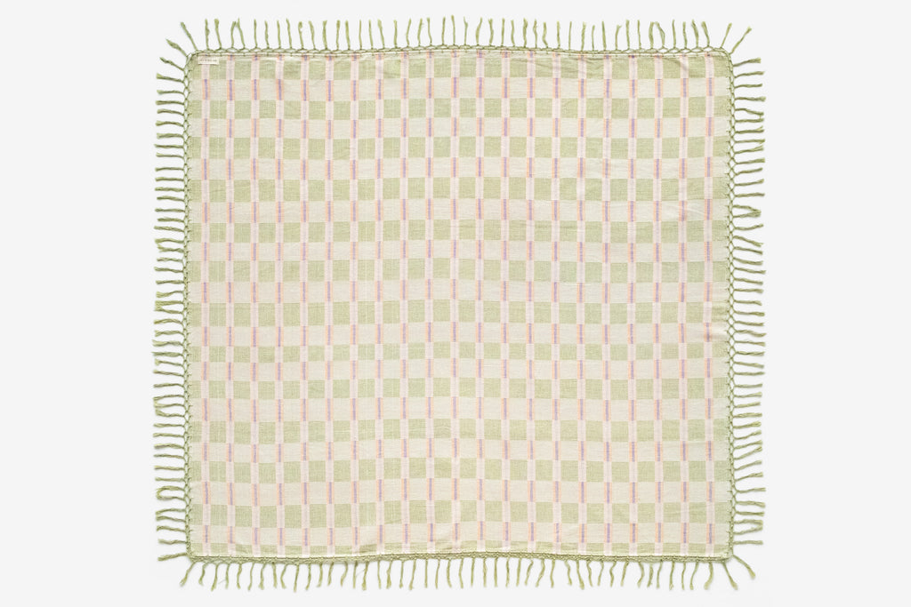 Checkered blanket with fringes on a light background